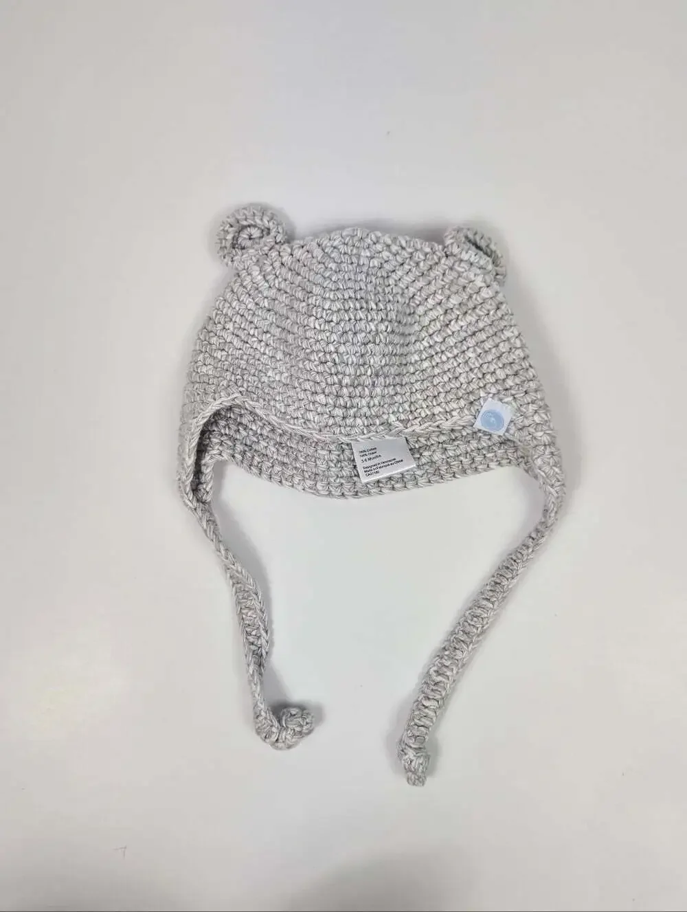 Beba Bean Baby Gray Crochet Knit Bear Hat Bonnet 3-6M 100% Cotton